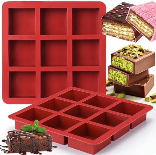 AIERSA Square Chocolate Molds Silicone, 2pcs 1In Deep Chocolate Bar Molds DIY 2.5" x 2.5" x 1" Dubai Chocolate Bar,Chocolate Covered Cookies,Silicone Molds for Baking Granola Bar, Brownie, Muffin