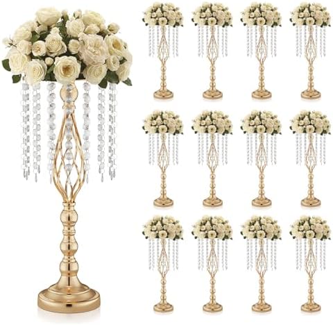 12 Pcs 21.7 Inch Tall Gold Centerpieces For Table Wedding-Metal Flower Gold Vases For Centerpieces For Wedding Reception With Crystal Fringe-Flower Stand For Wedding, Birthday(Centros De Mesa)