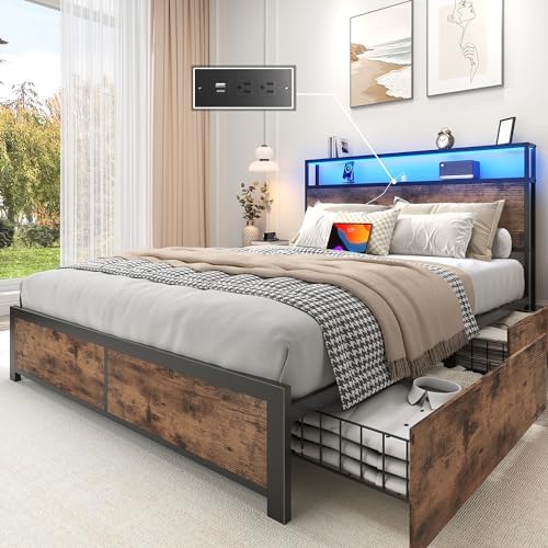 Lifezone Full Bed Frame with 2-Tier Storage Headboard, Metal Platform Bed Frame with 4 Storage Drawers, Built in Charging Station & LED, Noise-Free/Metal Support/No Box Spring Needed, Vintage Brown