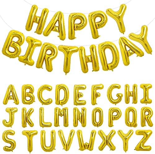 TONIFUL 65 Pcs 16 Inch Gold Happy Birthday Balloons and 2 Sets A-Z Foil Letters Balloons DIY Personalized Phrase Banner for Birthday Celebration Halloween Thanksgiving Christmas Party Decorations