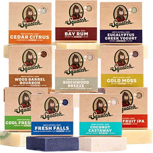 Dr. Squatch Men's Natural Bar Soap Gift Set (10 Pack) – Birchwood Breeze, Fresh Falls, Wood Barrel Bourbon, Coconut Castaway, Cedar Citrus, Bay Rum Soap, and more