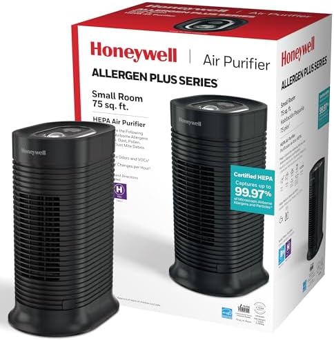 Honeywell AllergenPlus HEPA Tower Air Purifier, Airborne Allergen Reducer for Small Rooms, Reduces Allergens, Smoke, Wildfire Smoke, Pollen, Pet Dander and More, Black, HPA060