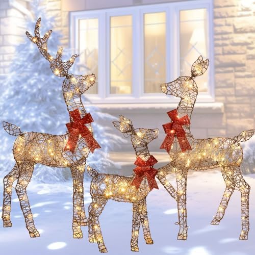 HOYECHI 4ft Christmas Decorations Outdoor Lighted Reindeer – 3-Piece 2D Deer Family Set with 145 Warm White LED Lights for Yard, Lawn, Garden & Porch Holiday Display - Rattan