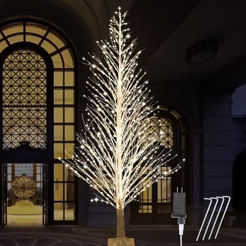 Anycosy 7FT Lighted Birch Tree LED Warm White Lights with Twinkle Lights，Twinkling or Steady Function for Selected Prelit Christmas Tree for Christmas Indoor/Outdoor Decoration