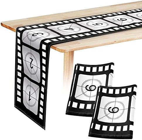 Breling 12 x 72 Inch Movie Night Table Runner Movie Theme Party Decorations Supplies Film Strip Table Runner Film Reel Tablecloth Decor for Kitchen Party(Classic Style,3 Pcs)
