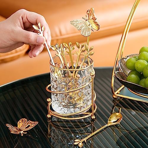 6PCS Coffee Spoons Set with Glass Holder,Small Stainless Steel Gold Tea Spoons,Mini Dessert Spoons Set for Fruit,Stirring, Mixing, Sugar, Ice Cream, Cake (6 x Spoons)