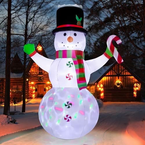 8FT Christmas Inflatable Snowman Outdoor Decoration Holding Candy Cane Christmas Blow Ups Decor Rotating Colorful Led Lights for Xmas Yard Outside Indoor Party Lawn Garden Porch Holiday