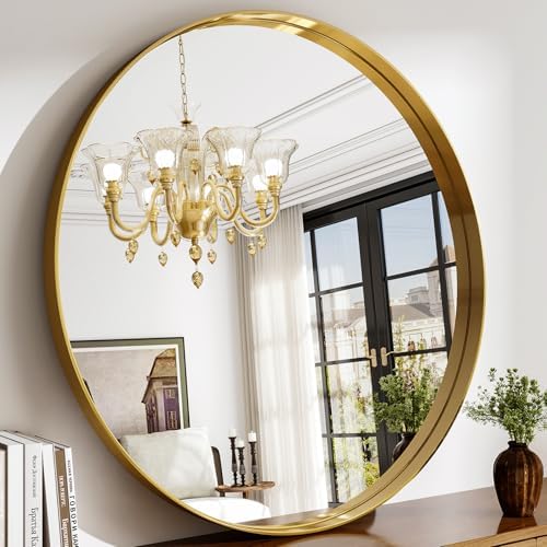 36 Inch Round Bathroom Mirror - Wall Mounted Circle Mirror with Metal Frame, Modern Mirror Suitable for Bathroom, Vanity, Entryway, Living Room, Wall Decor,Gold