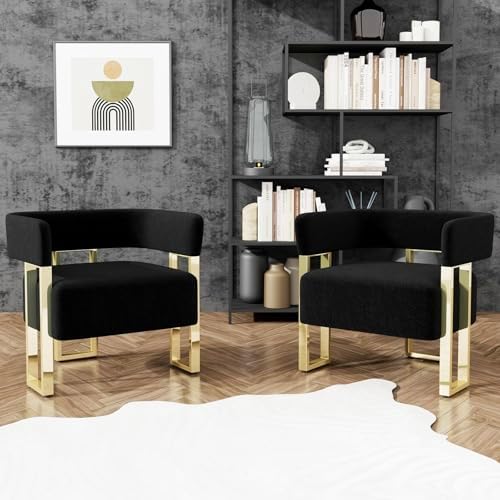 STHOUYN Modern Black and Gold Accent Chair Set of 2, Boucle Bucket Chairs Set of 2, Arm Chairs for Living Room Bedroom (2, Black)