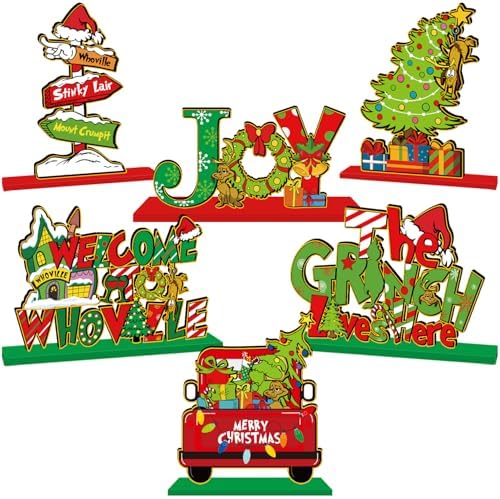 6Pcs Christmas Decorations Wooden Table Centerpiece Green Merry Christmas Party Table Decorations Red and Green Joy Tabletop Ornament for Holiday Xmas Party Tiered Tray Decor