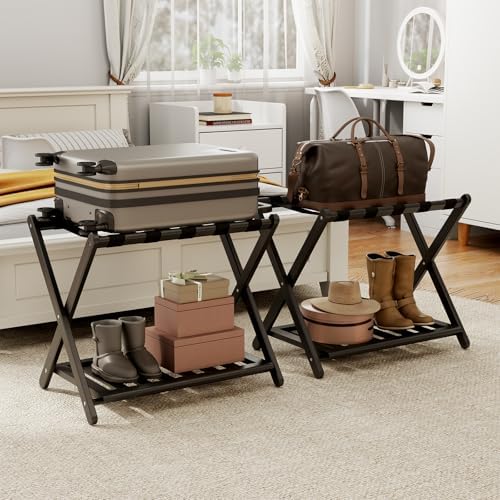2 Pack Fully Assembled Black Luggage Racks, Bamboo 26.77" Folding Suitcase Stand for Guest Room with 5 Nylon Straps, Heavy Duty, Upgraded Luggage Rack Holder with Shelf for Bedroom Hotel