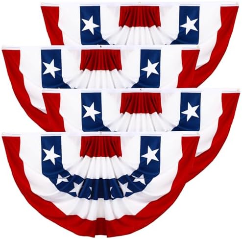 4 Pack USA Patriotic Pleated Fan Flag Set - 1.5x3 Ft American Bunting Flags with Sewn Stripes, Brass Grommets - Memorial Day Independence Day 4th of July Outdoor Decorations