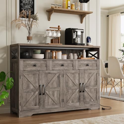 51" Farmhouse Buffet Sideboard with Storage, Kitchen Pantry Cabinet with Storage Drawers, Wood Cupboard Hutch, Coffee Bar Station Table for Kitchen, Living Room, Dining Room, Grey