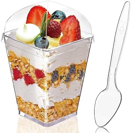 50Pack 5oz Clear Plastic Dessert Cups with Lids and Spoons, Reusable Square Parfait Appetizer Cups, Party Trifle Shooter Serving Cup, Mini Dessert Shot Glasses for Tasting