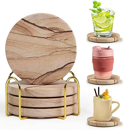 Natural Sandstone Coasters Set of 4 with Holder, 4 in Dia Drink Coasters for Coffee Table, Water Absorbent & Heat Resistant Cup Coaster for Home & Office, Christmas Birthday Gift