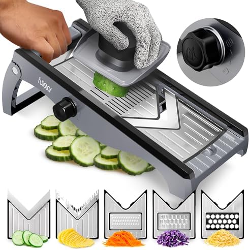 Fullstar Stainless Steel Mandoline Slicer for Kitchen, Vegetable Cutter & Cheese Grater, Anti-Slip Base & Protective Glove Included (7-in-1, Silver)