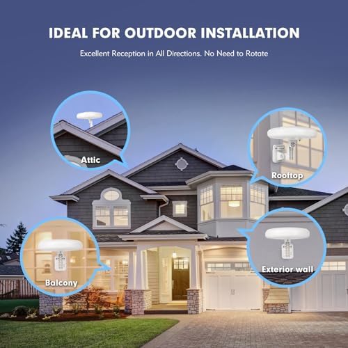 1byone Outdoor TV Antenna 360° Omni-Directional Reception Long 100+ Miles Range Enhance VHF&UHF 4K Ready HDTV Antenna with Added Stability for Outdoor/Attic/RV Use - 39ft RG6 Coax Cable