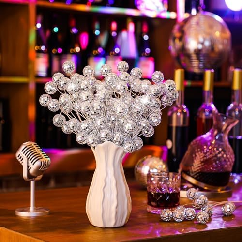 12 Pcs Disco Ball Ornaments Silver Christmas Ornaments Disco Balls Party Decorations Glitter Mini Flower Picks Sticks Bulk 14 Inch Sticks Planter Vases Glitter Stems for Crafts Decor