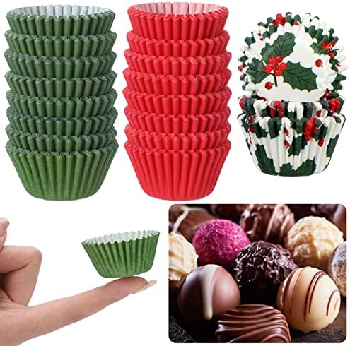 Funtery 600 Pcs Christmas Cupcake Liners Mini Muffin Liners Paper Candy Cups 1.3 Inch Holly Print Baking Cups Small Xmas Cupcake Wrappers for Baking Truffles Chocolates Making(Elegant)