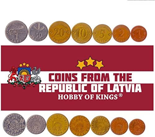 7 Coins from Latvia | Latvian Coin Set Collection 1 2 5 10 20 50 Santimu 1 Lats | Circulated 1992-2009 | Salmon | Lion | Griffin | Pine Tree