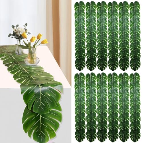 12 Pcs Palm Leaves Table Runners 72 Inch, Artificial Tropical Palm Leaves Table Runner Faux Leaf Table Cloth for Wedding Hawaiian Luau Theme Party Supply Summer Table Wall Decorations