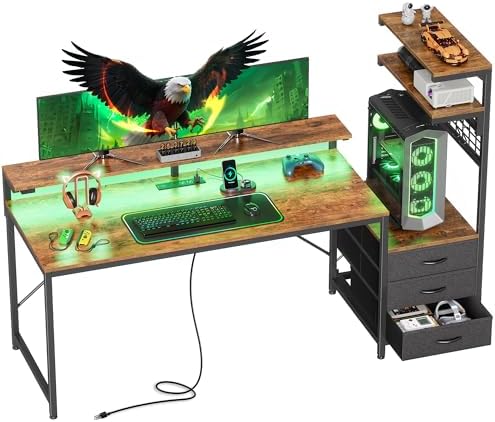 PRAISUN 61.7" Gaming Desk with LED Lights & Outlets, Computer Desk with 3 Fabric Drawers, PC Desk with PC Case Stand & Movable Storage Shelves, Monitor Stand, Reversible, Rustic Brown
