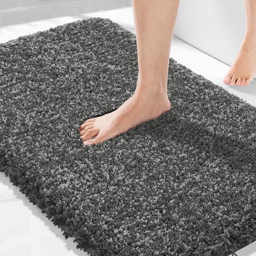 Yimobra Bathroom Rugs Non Slip Washable 36x24, Ultra Soft and Water Absorbent Bath Mats, Plush Shower Mat Outside, Luxury Microfiber Thick Matts for Bathroom Floor/Tub, Light Gray and Black Gray