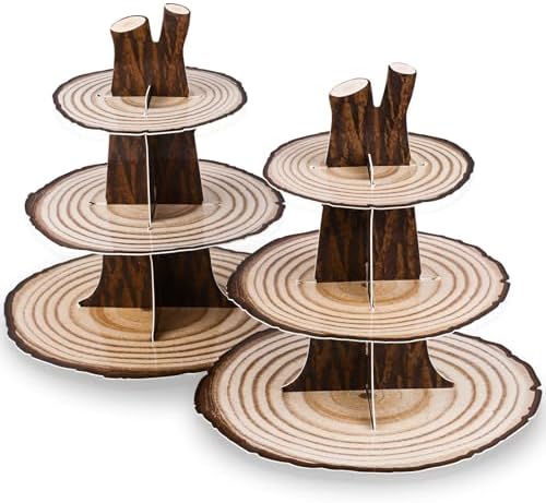 2 Pack Woodland Cupcake Stand Woodland Baby Shower Decorations 3 Tier Wood Cupcake Stand Western Party Decor for Boy Girl Camping Safari Baby Shower Birthday Forest Party Supplies
