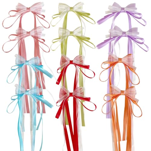 12Pcs Hair Bows with Long Tails Cute Hair Ribbon Bow Clips Long Ribbon Hair Bows for Toddlers Girls Teens Kids Women