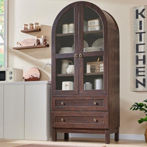 71" Tall Arched Kitchen Pantry Cabinet, Wood Kitchens Storage Cabinets with 2 Large Drawers and Adjustable Shelves, Modern Farmhouse Versatile Cupboard for Kitchen, Dining Room, Bathroom, Brown