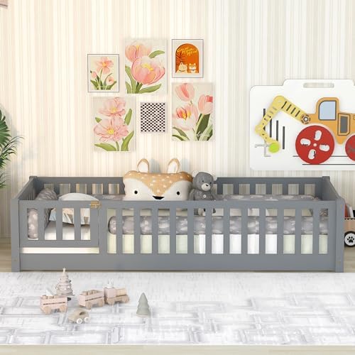 Bellemave Twin Size Floor Bed with Door and Fence for Kids, Montessori Floor Bed with Slats and Safety Guardrails,Solid Wood Twin Bed Frame for Girls Boys(Twin,Gray)