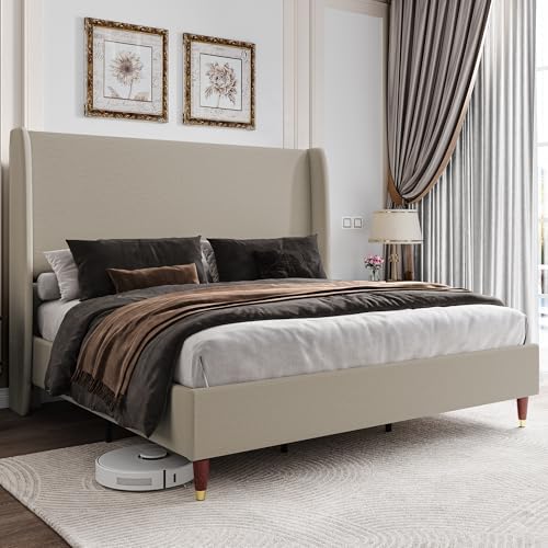 Jocisland 51.2" H Queen Bed Frame Upholstered Bed Platform Bed with Wingback Headboard/No Box Spring Needed/Easy Assembly/Brown