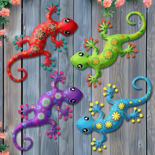 4 Pcs Metal Gecko Outdoor Decorations - Metal Wall Art Hanging Sculpture Decoration for Garden Yard Fence Porch Wall Decor, Gift for Mom Dad Friends