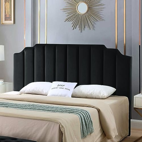 24KF Black Velvet Tufted King Upholstered Headboard, Modern Vertical Channel Design California King Headboard with Stepped Silhouette Top Edge,Black