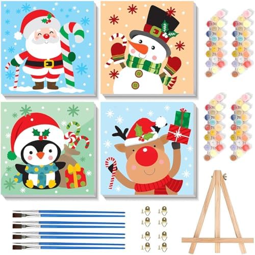 cviokrdu 4 Pack Paint by Numbers Kit for Kids with Frame-Wooden Easel, Christmas Paint by Numbers for Kids Ages 4 8 12, Easy Christmas Acrylic Oil Painting Kits for Home Wall Decoration 8x8 inch