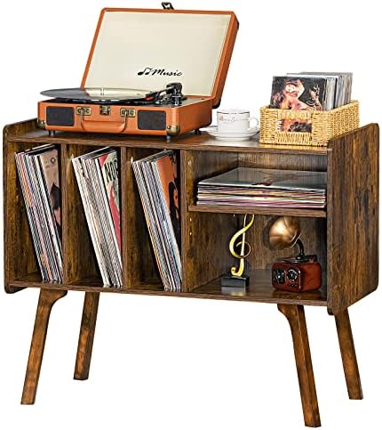 Lerliuo Record Player Stand with 4 Cabinet Holds Up to 220 Albums, Large Turntable Stand with Beech Wood Legs, Mid-Century Record Player Table,Brown Vinyl Holder Storage Shelf for Bedroom Living Room