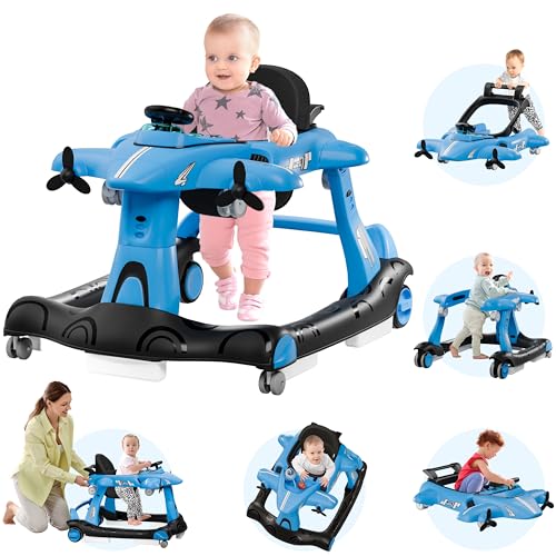 Xilingol 6-in-1 Baby Walker with Adjustable Speed Wheels, Adjustable Height Activity Walker with Padded Seat, Foldable Walker for Babies 6-12 Months, Toddler Push Walkers for Boy & Girl 12-18 Months