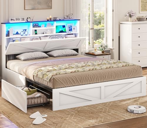 VIAGDO Farmhouse Bed Frame Full Size with Bookcase Storage Headboard, Charging Station and LED Lights, Wooden Full Bed Frame with 4 Drawers, Barn Door Design, No Box Spring Needed, No Noise, White