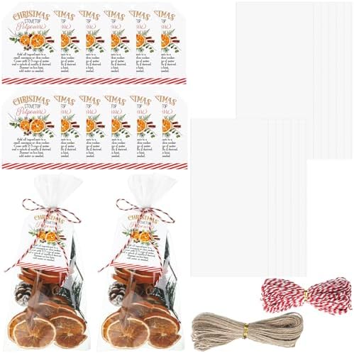 24 Set 50 Pcs Christmas Potpourri Cellophane Bags Potpourri Gift Bags Stovetop Simmer Instruction Tags Holiday DIY Crafting Kit for Home Xmas Party Gift Decor(6 x 12'',Square)
