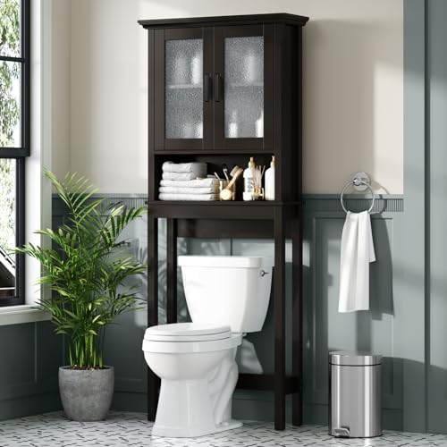 Over The Toilet Storage Cabinet, Over Toilet Bathroom Organizer with Glass Doors and Adjustable Shelf, Thicken Frame Above Toilet Storage Cabinet Behind Toilet Bathroom Organizer, Espresso
