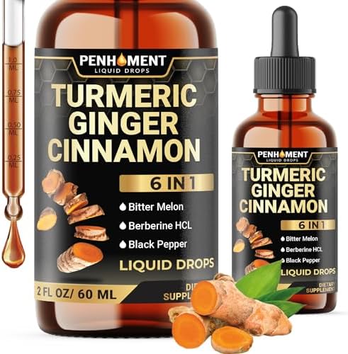 6in1 Liquid Turmeric Curcumin with Ginger, Berberine Extract, Ceylon Cinnamon, Bitter Melon, Black Pepper - Drops Extract for Joint Support - 2FL oz - 60 Servings