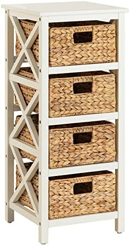 eHemco 4 Tier X-Side End Storage Cabinet with 4 Wicker Baskets, White
