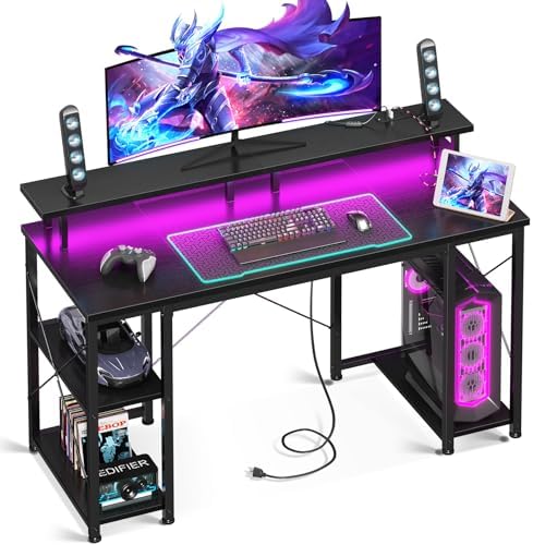 ODK 48 inch Gaming Desk with LED Lights & Power Outlets, Computer Desk with Monitor Stand & Storage Sheves, CPU Stand, Home Office Desk, Black