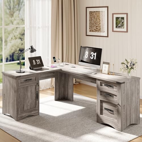 L Shaped Farmhouse Executive Desk with Drawers, 67" Home Office Desks with Fast Charging Station, Lockable File Cabinet, Wood Writing Computer Desk for Work, Study, Grey