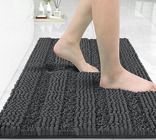 Yimobra Bathroom Rug Mat 24 x 17, Non Slip and Super Absorbent Bath Mat,Machine Washable Quick Dry,Ultra Plush Chenille Shower Rugs for Bathroom Floor Sink Tub and Shower Outside,Dark Grey