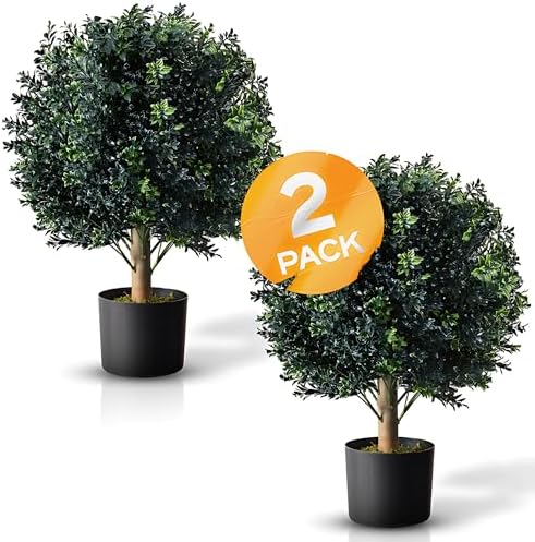 BOTARO TRESIL Set of 2 - Pre-Potted 24" High Ball Shaped Boxwood Topiary- 16" Diameter - Plastic Pot
