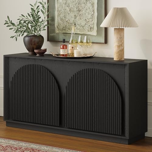 WIN2WIN Fluted Sideboard Buffet Cabinet with Storage, 65" Modern Accent Cabinet with Double-Layered Arch Doors, Wood Media TV Console Table Credenza for Living Room Dining Room Hallway Entryway, Black
