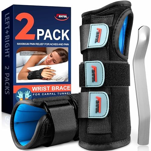 FEATOL 2 Pack Blue Black Wrist Brace for Carpal Tunnel - Pain Relief for Sprain, Arthritis, Tendonitis, Injuries, Wrist Pain, Cockup Wrist - Wrist Brace Night Support Both Hand with Removeable Splint - For Men & Women Small/Medium Size