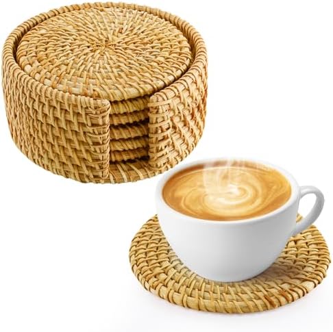 6pcs Handmade Rattan Coasters with Holder, Natural Wicker Boho Coasters Set, Heat-resistant Drink Coasters for Coffee Table Housewarming Gifts Hot Drinking Home Decor Protecting Table
