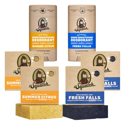 Dr. Squatch Manly Soap and Deodorant Variety Pack - Handmade with Organic Oils, Aluminum-Free - Summer Citrus and Fresh Falls - Men's Natural Soap